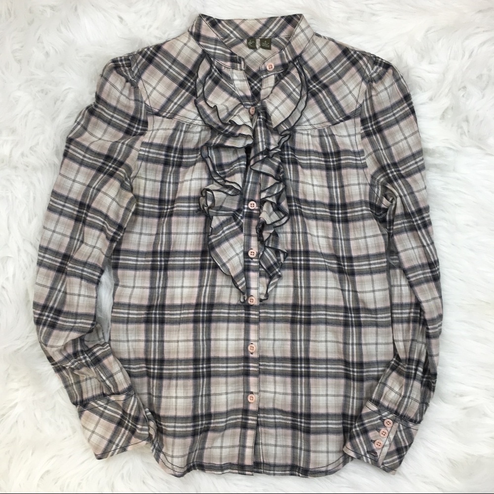 Fei Anthropologie Plaid Ruffle Shirt Top Size 4 S